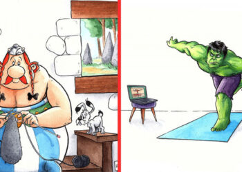 14 illusztráció, mely bemutatja, hogy mit csinálnak a mozihősök a karantén alatt