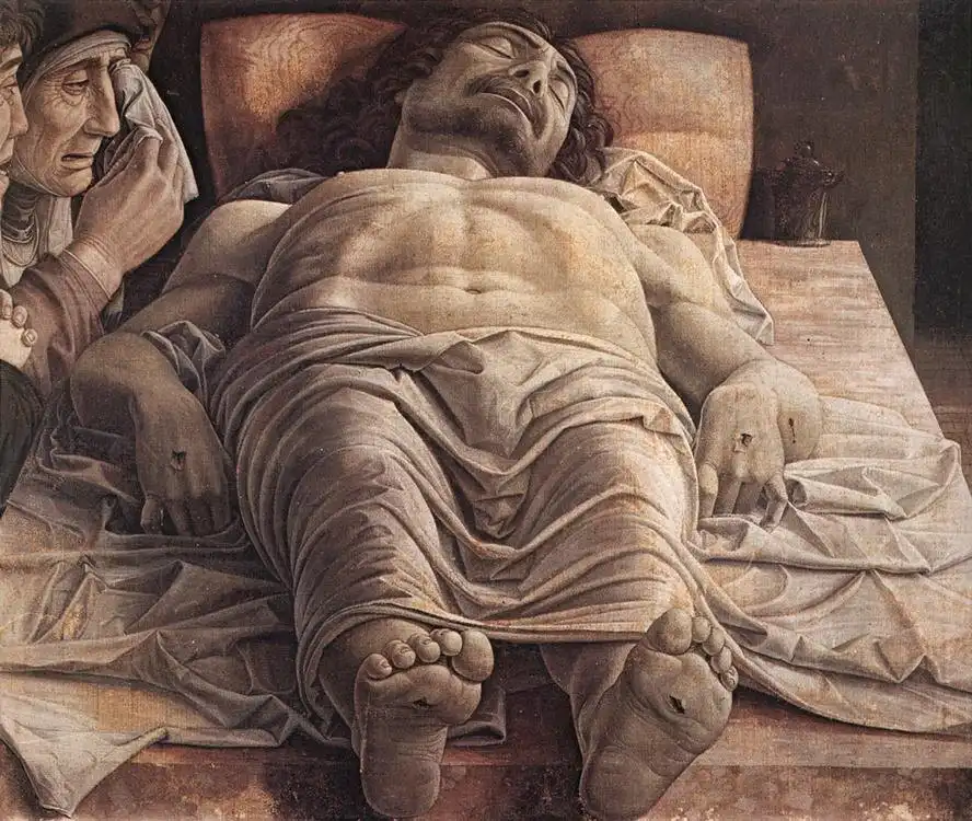 Andrea Mantegna, Halott Krisztus, inverz perspektíva, Krisztus siratása, kvatrocento, Milánó, művészettörténet, naturalizmus, olasz festészet, Pinacoteca di Brera, reneszánsz festészet, rövidülés, vallásos festészet