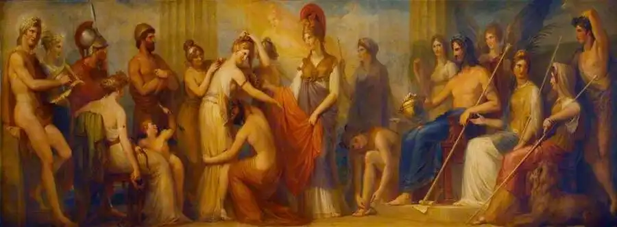 Aphrodité, Athéné, bajok, boldogság, büntetés, emberek, emberi természet, Epimétheusz, görög mitológia, Héphaisztosz, Hermész, hibák, irodalom, istenek, Khariszok, ókori görögország, örömök, Pandóra mítosza, Pandóra szelencéje, Prométheusz, remény, szenvedés, szólások, teremtésmítosz, Zeusz