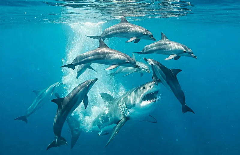 állati intelligencia, állati védekezés, cápa, cápa vs delfin, csapatmunka állatoknál, delfin, óceáni ragadozók, ragadozó-zsákmány, tengeri élővilág, tengeri ragadozók