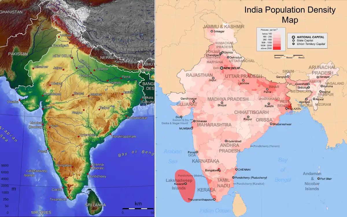 Dél-India, Észak-India, földrajzi tényezők, Himalája, India népessége, mezőgazdaság, népességeloszlás, népsűrűség, vízrajz
